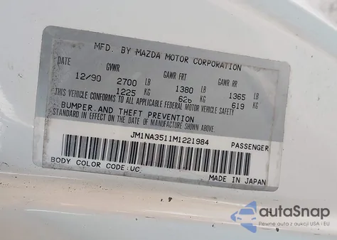 1991 Mazda Mx-5 Miata z USA, uszkodzony, nr VIN JM1NA3511M1221984